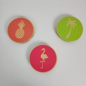 Set of 3 Decorative Kitchen Coasters Multicolor w/ Gold Trim Tropical Cardboard